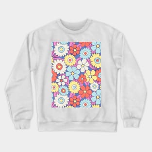 Groovy retro flower power pattern in blue, red and yellow Crewneck Sweatshirt